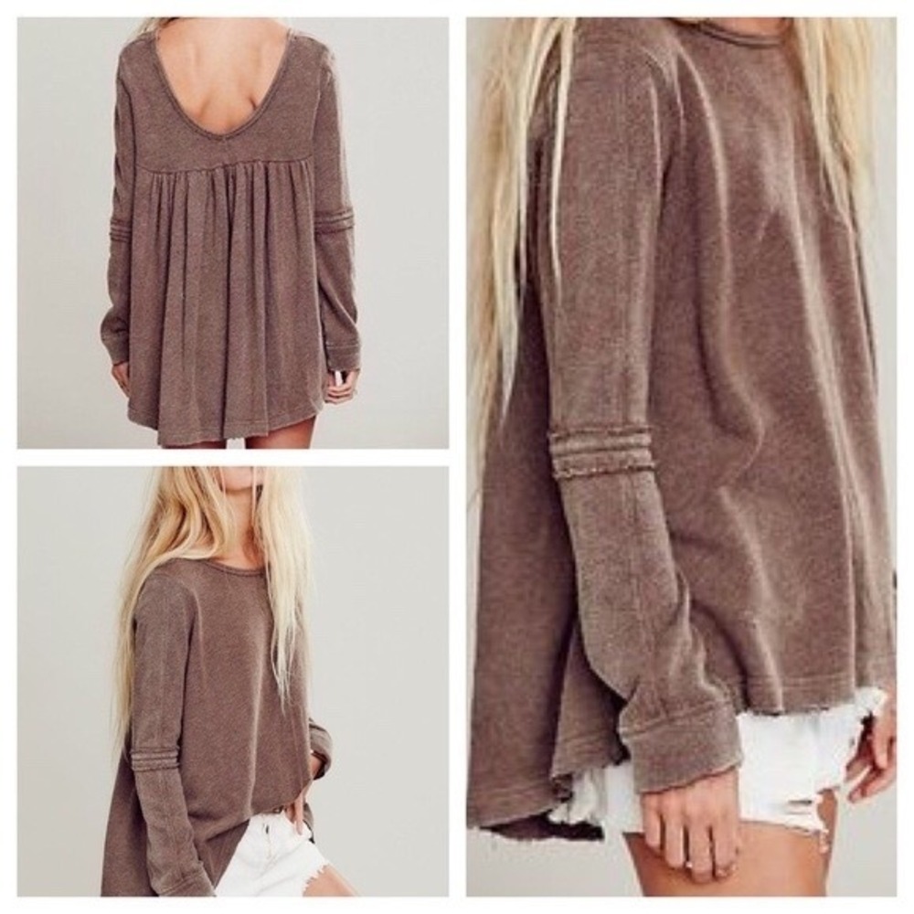 Free People Brown Tunic Long Sleeve Scoop Back Top